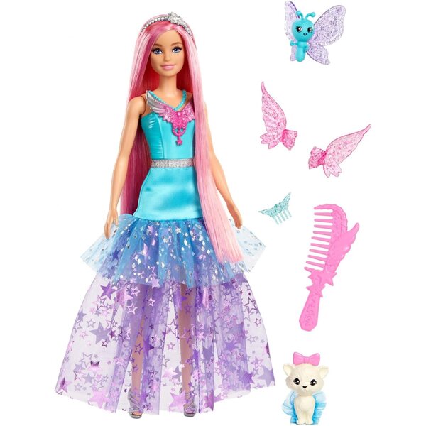 Barbie Malibu mit 2 fantastischen Tieren und magischem Kleid, 17 cm, rosa Haare