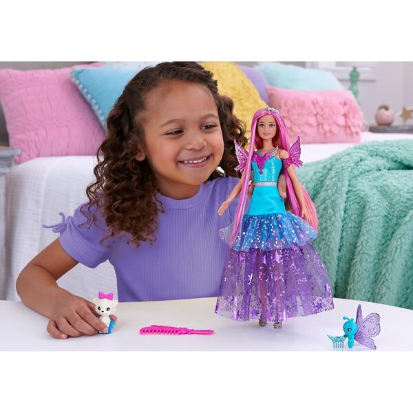 Barbie Malibu mit 2 fantastischen Tieren und magischem Kleid, 17 cm, rosa Haare