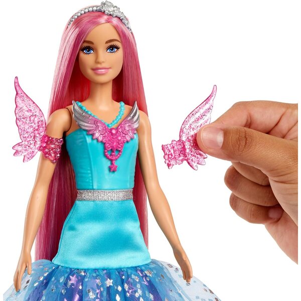 Barbie Malibu mit 2 fantastischen Tieren und magischem Kleid, 17 cm, rosa Haare