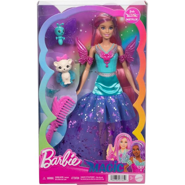 Barbie Malibu mit 2 fantastischen Tieren und magischem Kleid, 17 cm, rosa Haare