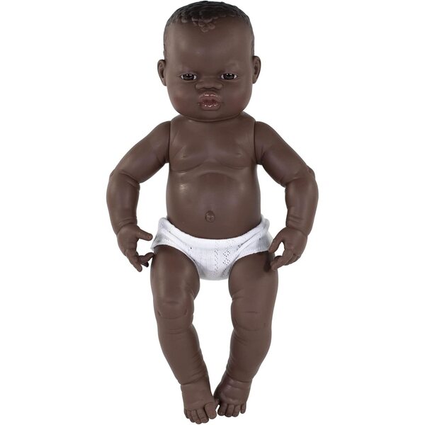 Miniland Neugeborene afrikanische Jungenpuppe 40 cm aus weichem und duftendem Vinyl