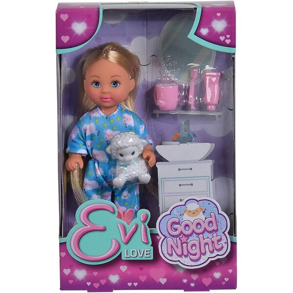 Simba Evi Love Good Night - 12 см кукла с пижама, мека играчка и аксесоари за устна хигиена