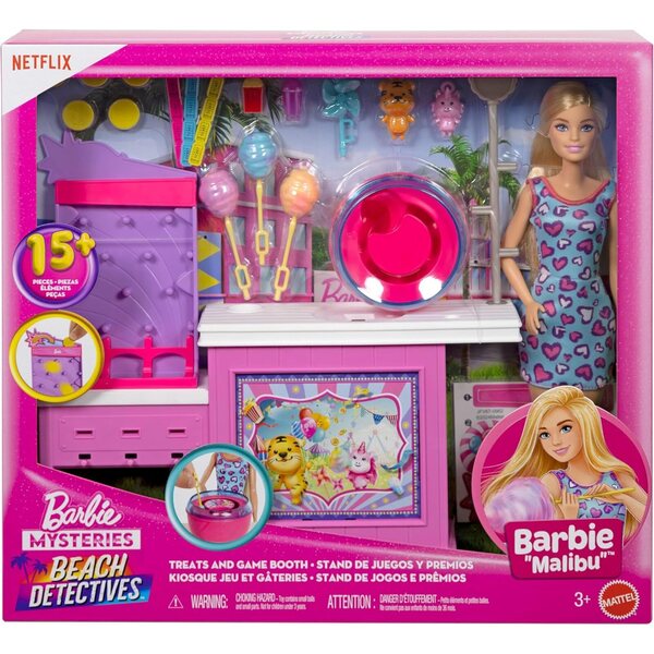 Barbie Mysteries Beach Detectives Malibu mit Ständer und 20 Zubehörteilen für kreatives Spielen