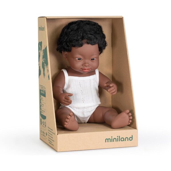 Afrikanische Miniland-Puppe, 38 cm, mit Down-Syndrom, bewegliche Bewegung
