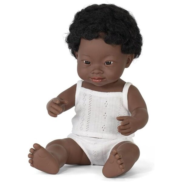 Afrikanische Miniland-Puppe, 38 cm, mit Down-Syndrom, bewegliche Bewegung