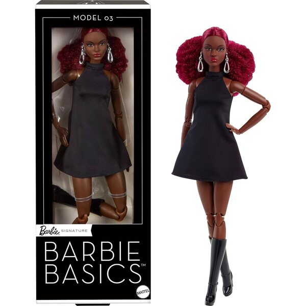 Barbie Basics Modell 3 mit lockigem Rotschopf, schwarzem Minikleid und Stiefeln – beweglicher Körper und austauschbarer Kopf