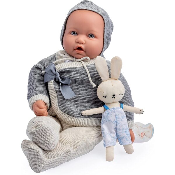Baby-Vintage-Puppe 43 cm mit weichem Körper, Strickkleidung, Schnuller und beige/grauem Plüsch