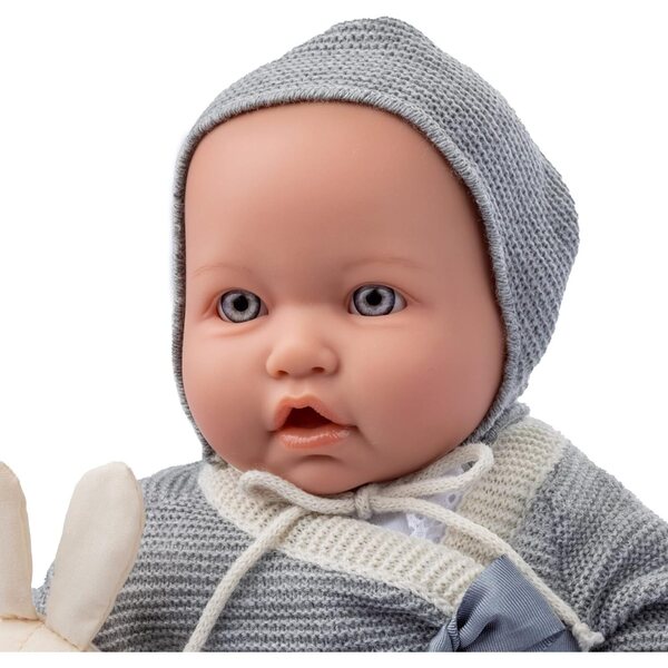 Baby-Vintage-Puppe 43 cm mit weichem Körper, Strickkleidung, Schnuller und beige/grauem Plüsch
