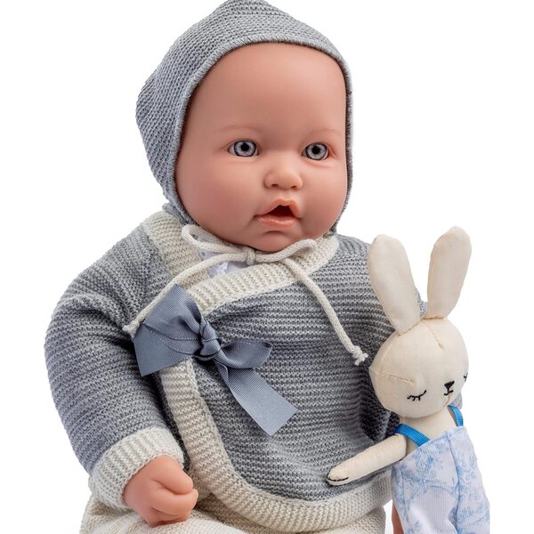 Baby-Vintage-Puppe 43 cm mit weichem Körper, Strickkleidung, Schnuller und beige/grauem Plüsch