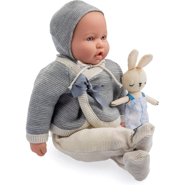 Baby-Vintage-Puppe 43 cm mit weichem Körper, Strickkleidung, Schnuller und beige/grauem Plüsch