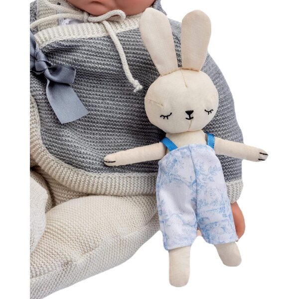 Baby-Vintage-Puppe 43 cm mit weichem Körper, Strickkleidung, Schnuller und beige/grauem Plüsch