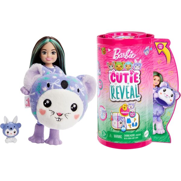 Barbie Cutie Reveal Chelsea mit 6 Überraschungen und Fleece-Kostüm für Kinder ab 3 Jahren