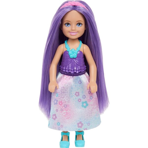 Barbie Chelsea Royal 6-Zoll-Puppe mit lila Haaren, Rock und abnehmbaren Accessoires