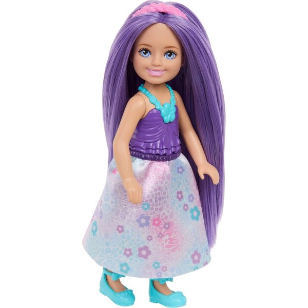 Barbie Chelsea Royal 6-Zoll-Puppe mit lila Haaren, Rock und abnehmbaren Accessoires