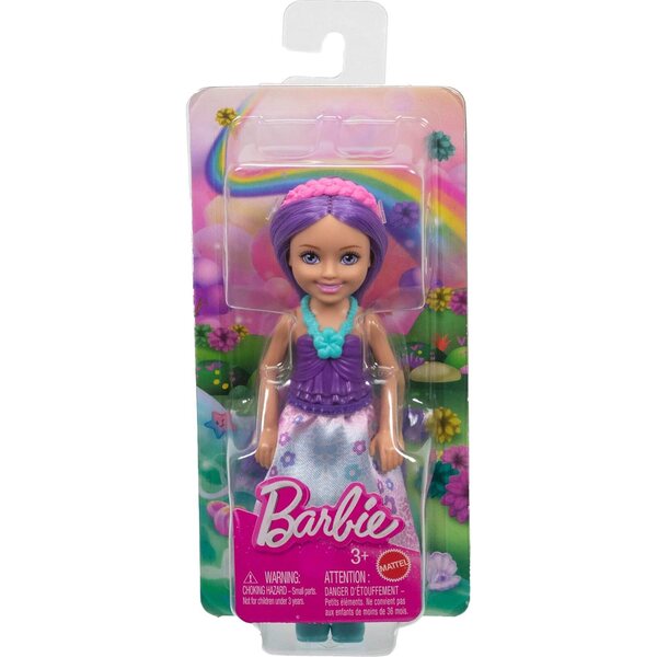 Barbie Chelsea Royal 6-Zoll-Puppe mit lila Haaren, Rock und abnehmbaren Accessoires
