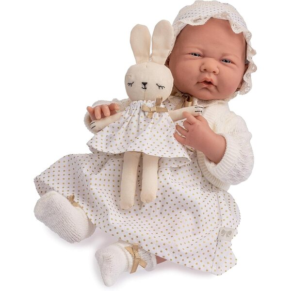 JC Toys Puppe La Newborn 38 cm mit weichem Körper und weißem Kleid mit goldenen Punkten