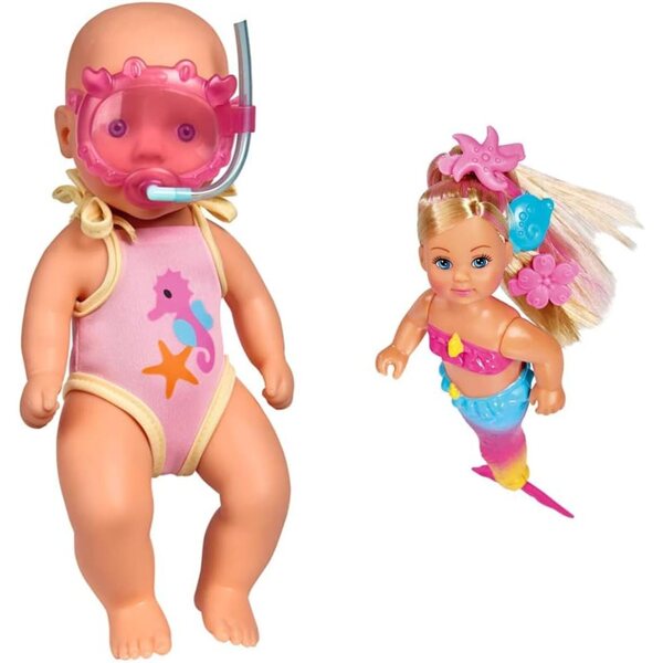 Simba New Born Baby Badepuppe 30 cm und Evi LOVE Schwimmende Meerjungfrau 12 cm für Kinder ab 3 Jahren