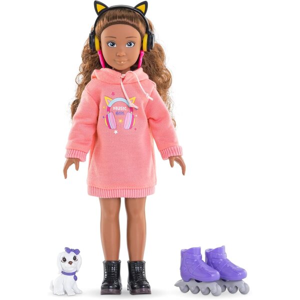 Corolle Melody Poupée 28 cm mit Vanille, Kapuze, Rollschuhen und Hund