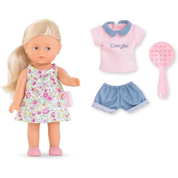 Corolle Miniwelt Rosy 20 cm Puppe mit Vanilleduft, Outfit und extra Pinsel, Geschenkset