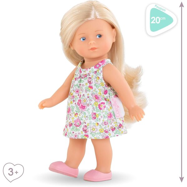 Corolle Miniwelt Rosy 20 cm Puppe mit Vanilleduft, Outfit und extra Pinsel, Geschenkset