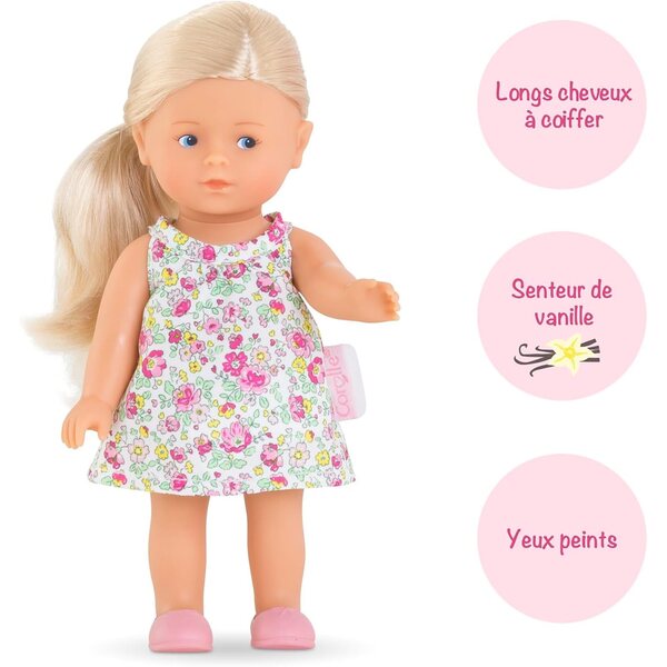 Corolle Miniwelt Rosy 20 cm Puppe mit Vanilleduft, Outfit und extra Pinsel, Geschenkset
