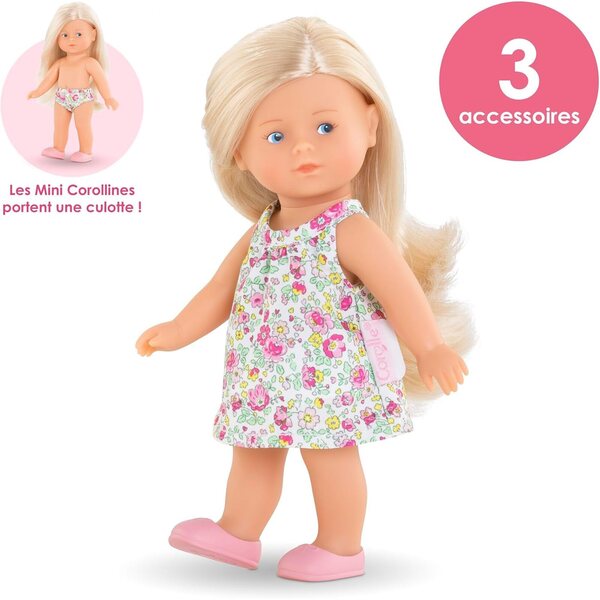 Corolle Miniwelt Rosy 20 cm Puppe mit Vanilleduft, Outfit und extra Pinsel, Geschenkset