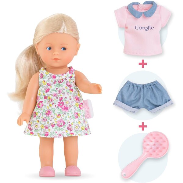 Corolle Miniwelt Rosy 20 cm Puppe mit Vanilleduft, Outfit und extra Pinsel, Geschenkset
