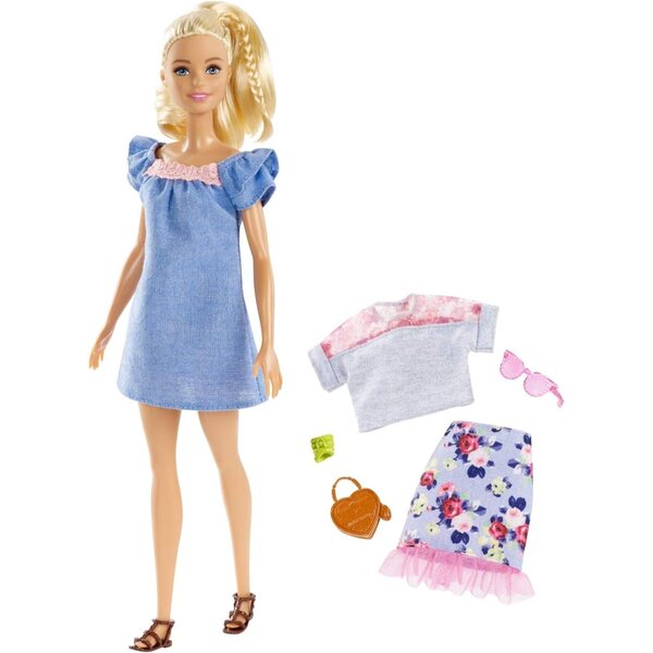 Barbie Fashionistas Pupa con Outfit Blu e Rosa e Set Moda Completo