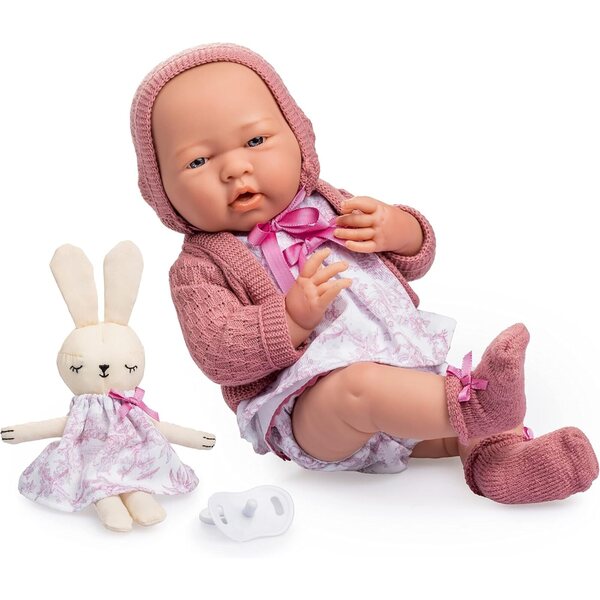 JC Toys La Newborn Poupée 38 cm weiches rosa Vinyl mit Toile de Jouy-Kleidung