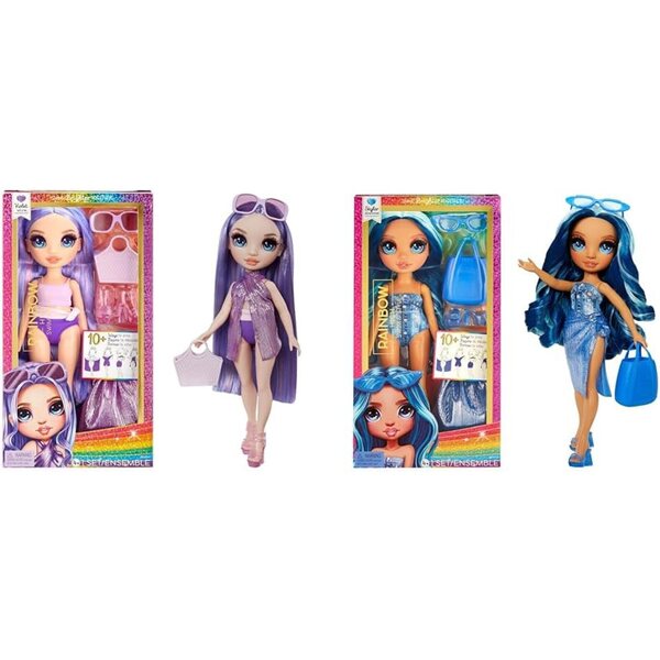 Rainbow High Swim & Style Violet e Skyler - Bambole Fashion 28 cm con Pareo Multifunzione