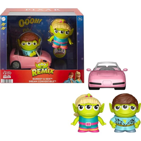 Pixar Alien Remix Barbie und Ken mit übergroßem rosa Cabriolet, Sammlerstück
