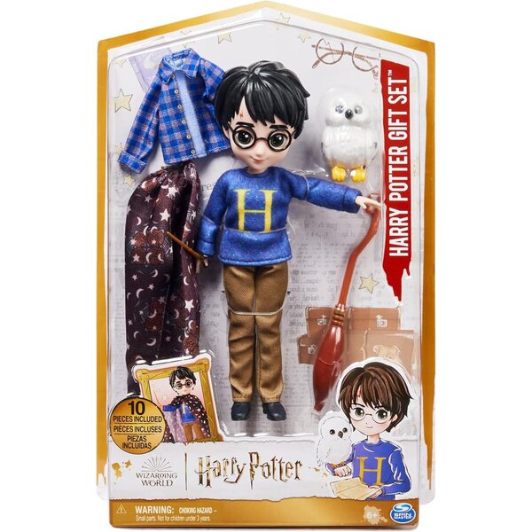 Harry Potter Puppe 20 cm mit magischem Zubehör: Pullover, Umhang, Zauberstab und mehr