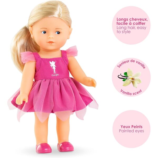Corolle Mini Corollines Rosy Fee 20 cm mit Zubehör, Puppe mit Vanilleduft