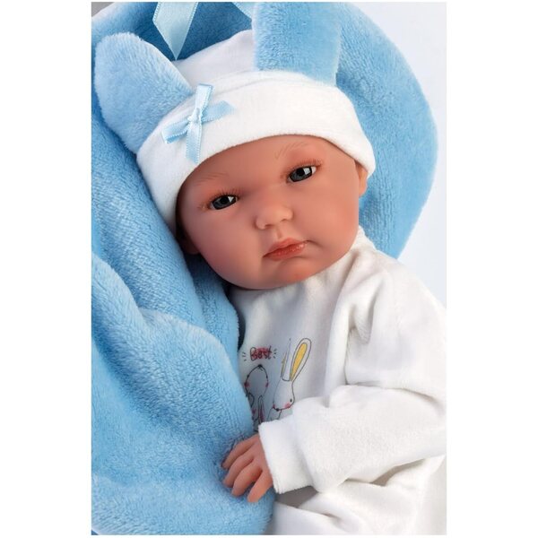Llorens Bimbo Babypuppe 35 cm mit blauen Augen, Vinylkörper und komplettem Outfit