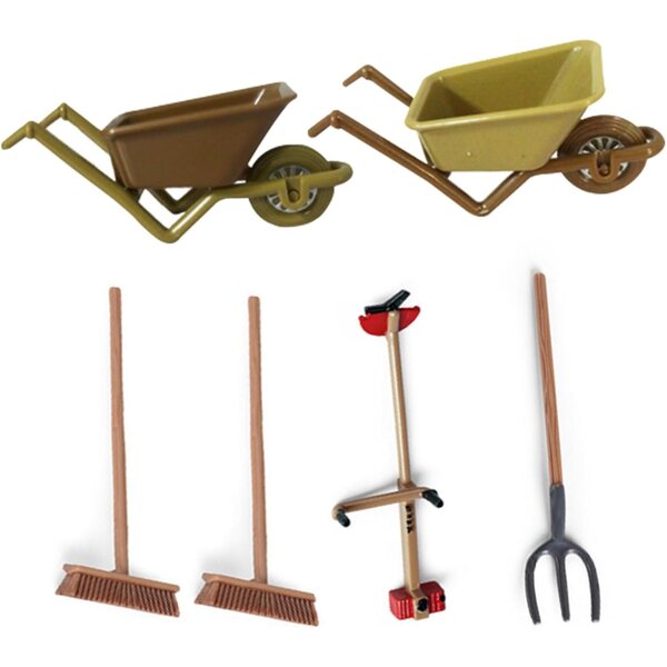 Set mit 6 Teilen Puppenhaus-Miniaturzubehör: Schubkarre, Besen, Gabel, Rasenmäher