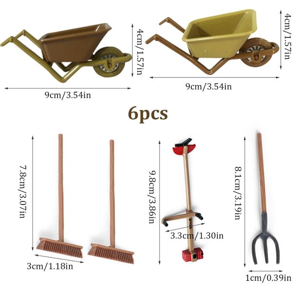 Set van 6 stuks Poppenhuis miniatuuraccessoires: kruiwagen, bezem, vork, grasmaaier