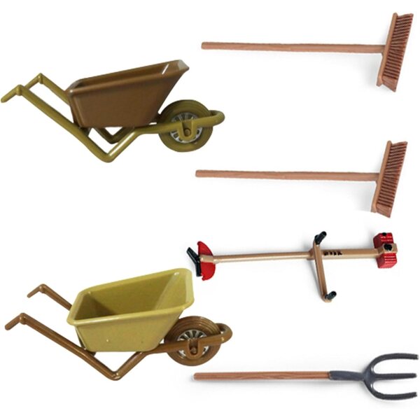 Set van 6 stuks Poppenhuis miniatuuraccessoires: kruiwagen, bezem, vork, grasmaaier