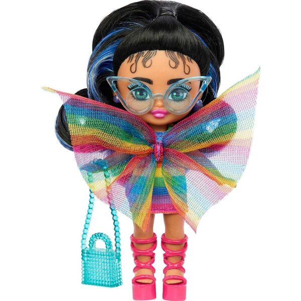 Barbie Extra Mini Minipuppe Regenbogenkleid – trendige Modepuppe 8,3 cm
