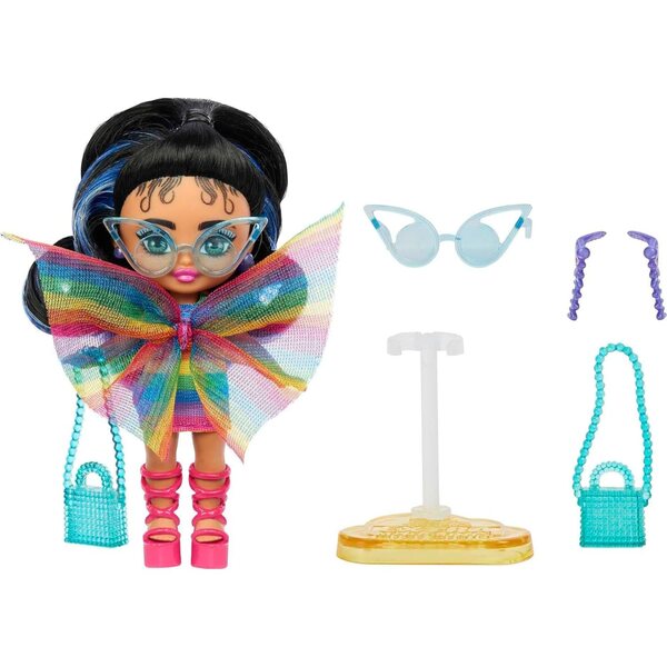 Barbie Extra Mini Minipuppe Regenbogenkleid – trendige Modepuppe 8,3 cm