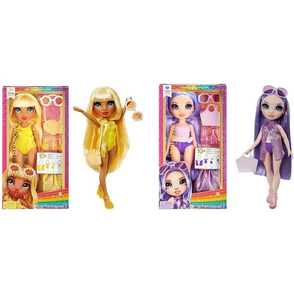 Rainbow High Swim & Style Sunny e Violet - Bambole da 28 cm con Accessori e Pareo