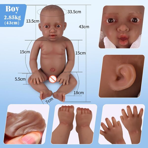 Pupo Reborn Silicone 43cm 2,85kg Neonato Afroamericano Realistico con Occhi Aperti