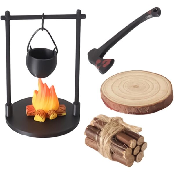 Miniatur-Lagerfeuerset mit Teekanne und dekorativem Zubehör für den Feengarten
