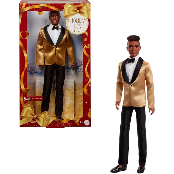 Barbie Ken 2025 Weihnachts-Sammelpuppe mit eleganter goldener Jacke und dunkelbraunem Haar