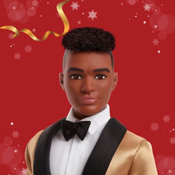 Barbie Ken 2025 Weihnachts-Sammelpuppe mit eleganter goldener Jacke und dunkelbraunem Haar
