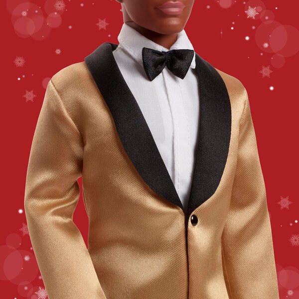 Barbie Ken 2025 Weihnachts-Sammelpuppe mit eleganter goldener Jacke und dunkelbraunem Haar