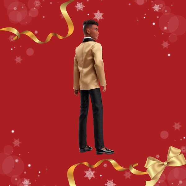 Barbie Ken 2025 Weihnachts-Sammelpuppe mit eleganter goldener Jacke und dunkelbraunem Haar