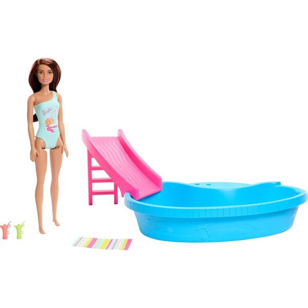 Barbie con Piscina e Scivolo in Costume Seafoam Blue, Set Giochi Estivi per Bambini