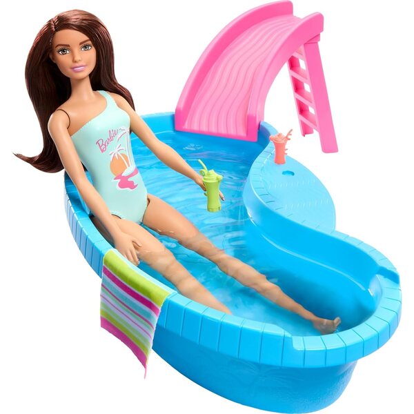 Barbie con Piscina e Scivolo in Costume Seafoam Blue, Set Giochi Estivi per Bambini