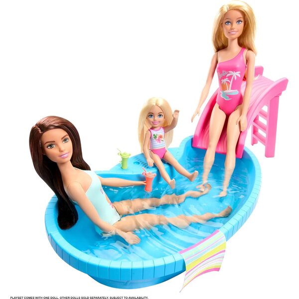 Barbie con Piscina e Scivolo in Costume Seafoam Blue, Set Giochi Estivi per Bambini