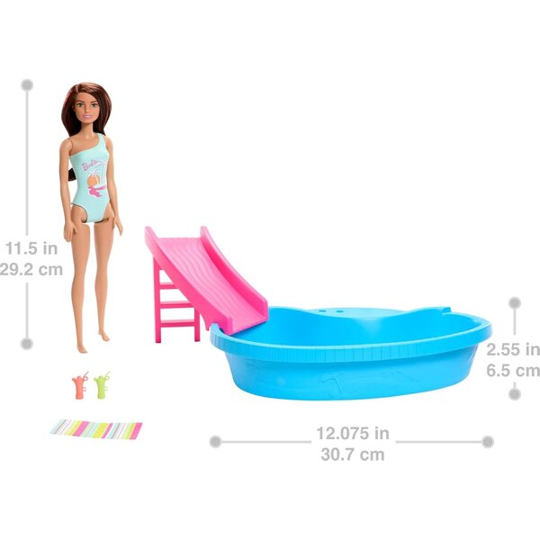 Barbie con Piscina e Scivolo in Costume Seafoam Blue, Set Giochi Estivi per Bambini
